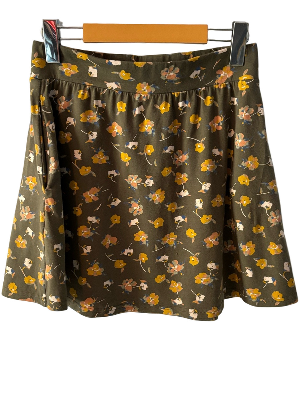 Pact Fit and Flare Floral Mini Skirt Size S Green Organic Cotton Pockets Casual